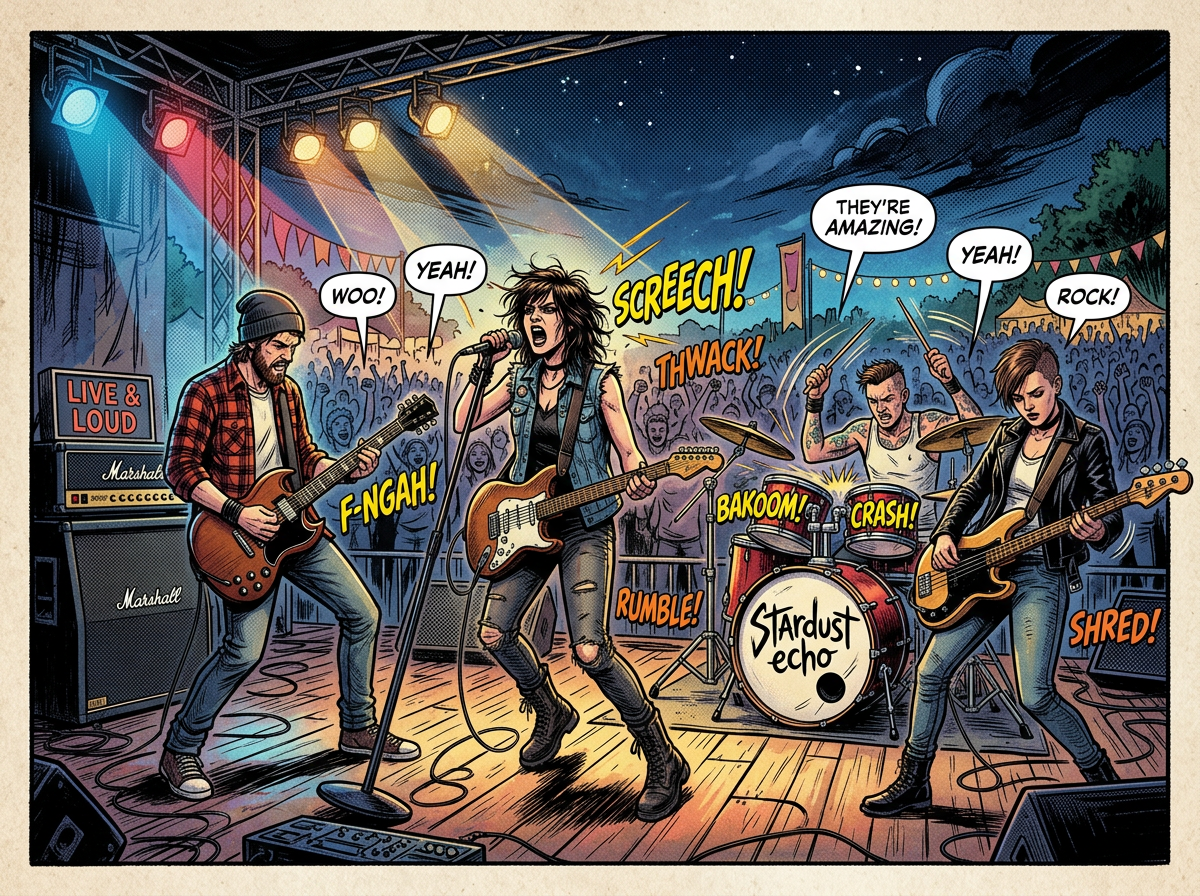 Rock band Stardust Echo performing live with guitar, vocals, drums, and bass in front of a lively audience
