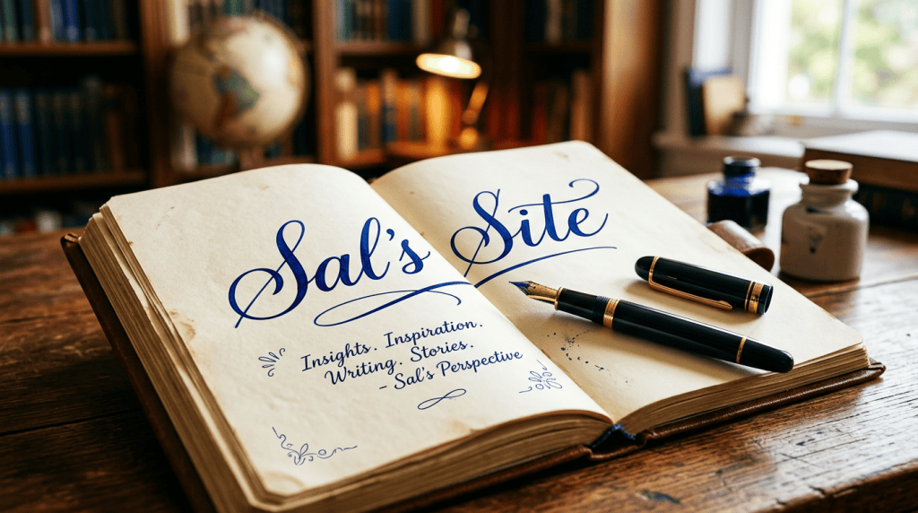 Open journal reading “Sal’s Site” with a fountain pen and writing tagline