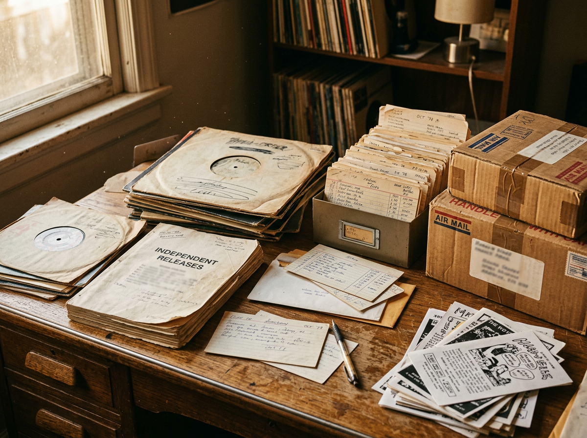 Vintage records, notes, newspapers, and air-mail boxes on a desk